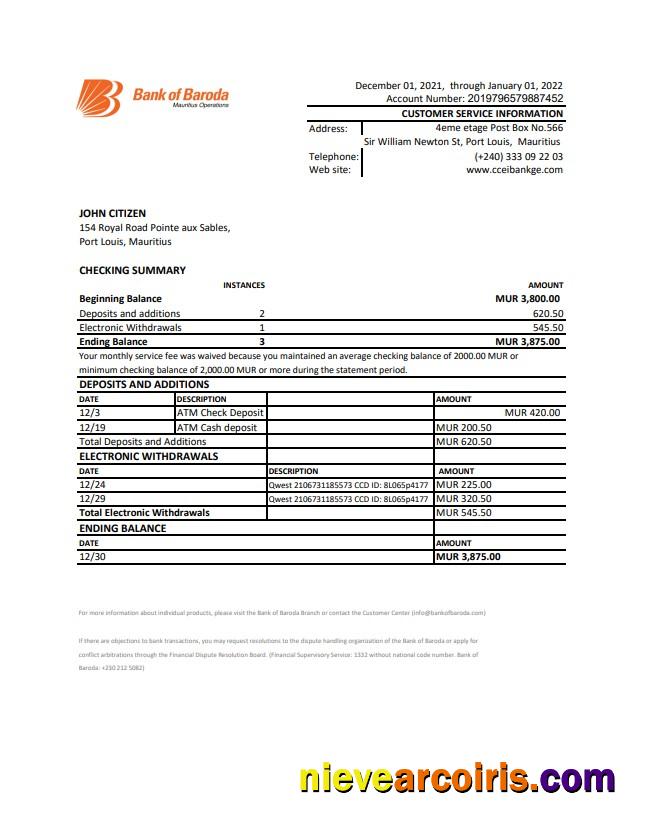 Mauritius Bank of Boroda bank statement